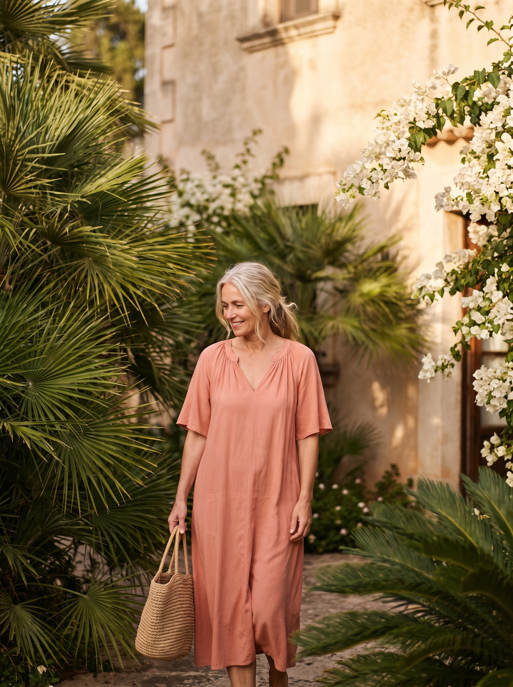 A woman in a coral coastal dress walking through a sunlit garden