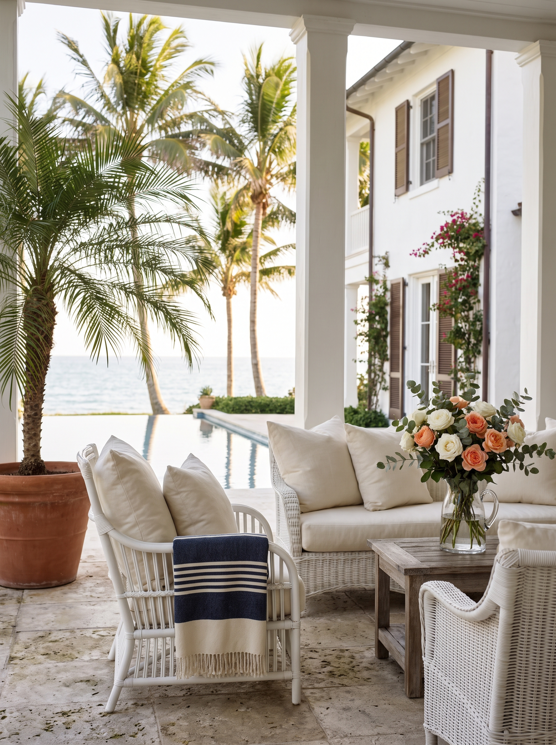 A serene whitewashed Palm Beach veranda