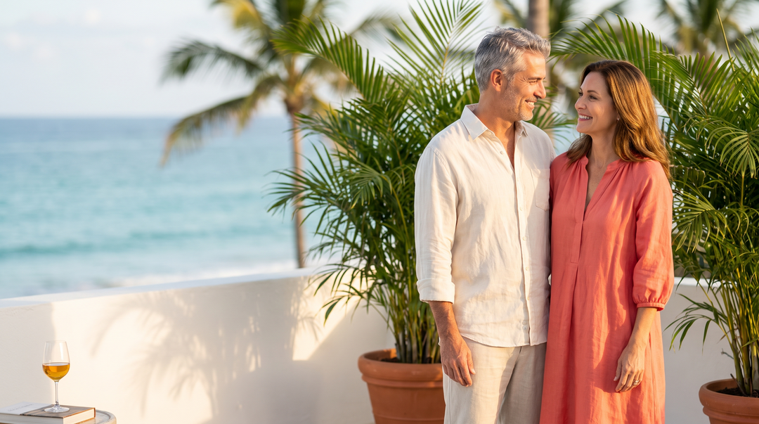 An elegant couple on a Palm Beach terrace at golden hour