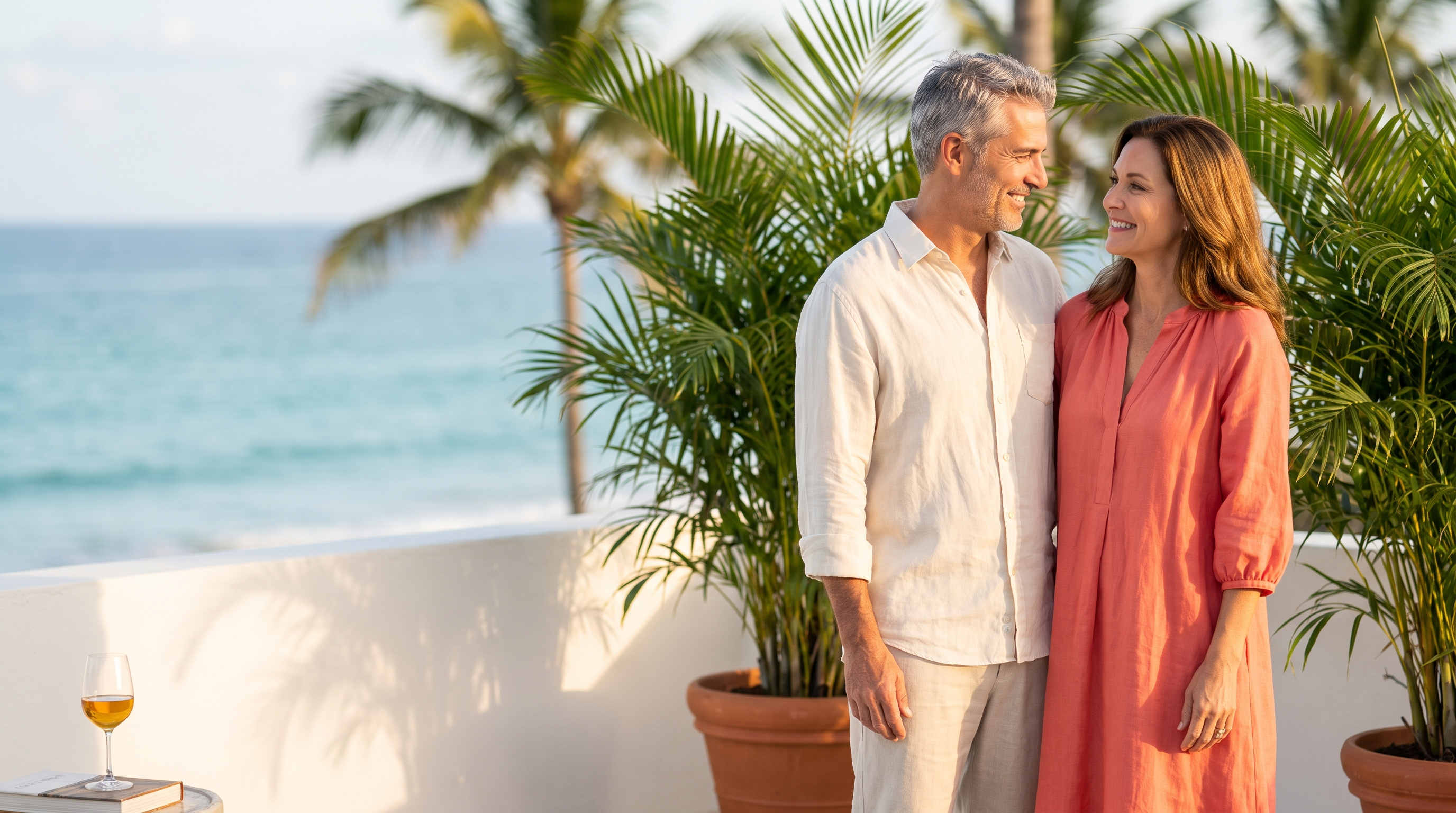 An elegant couple on a Palm Beach terrace at golden hour