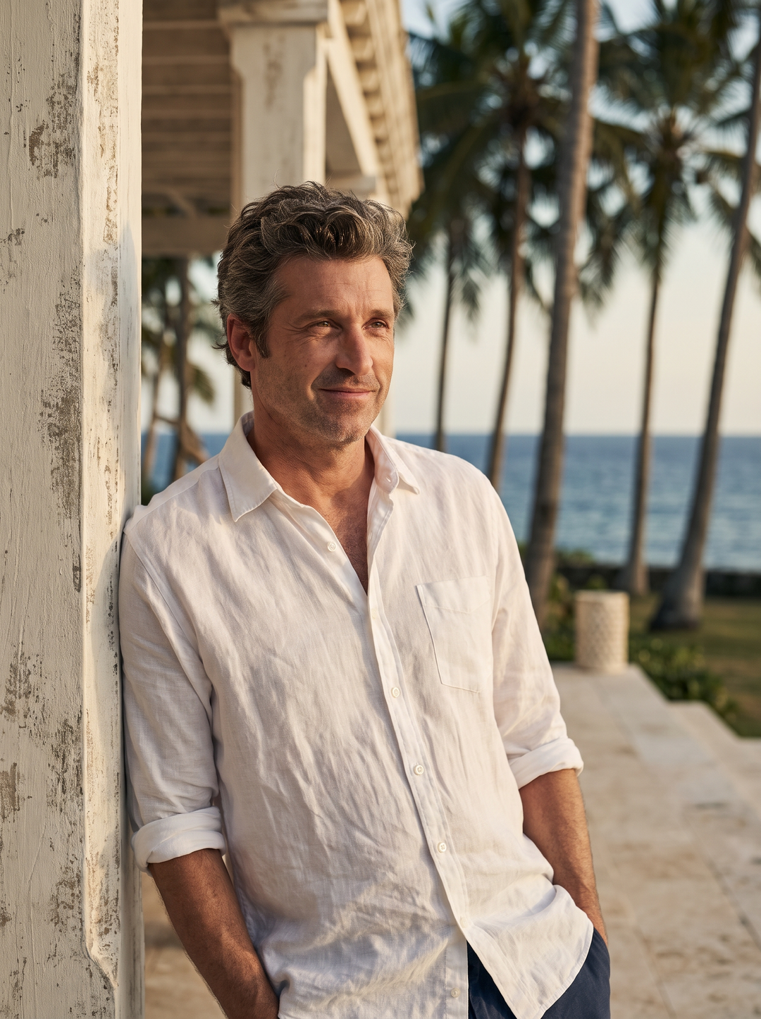 A man in a white linen shirt on a coastal veranda