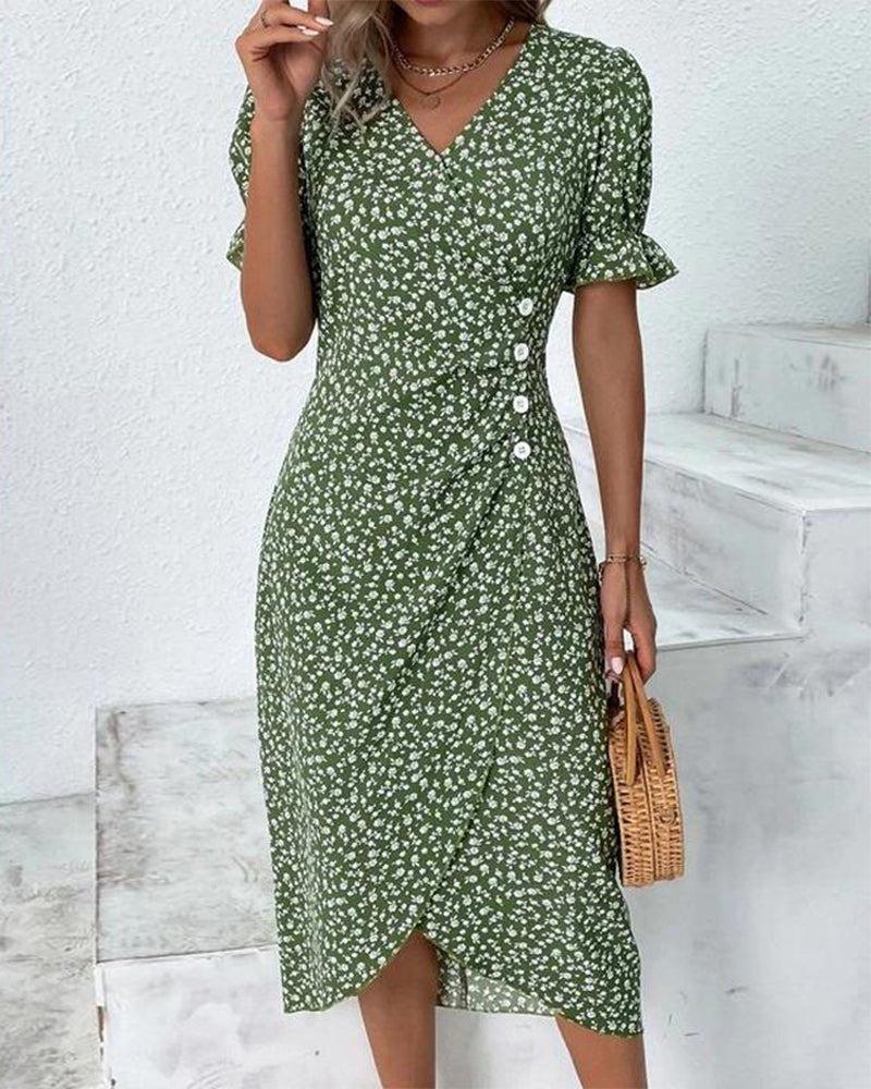 Women's Dress - V-Neck Wrap Short Sleeve Midi Wedding Guest Dress from Clara & James Palm Beach