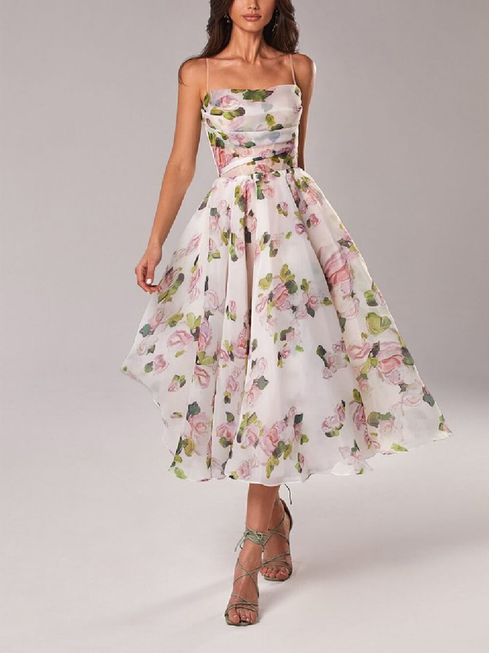 Women's Elegant Floral Midi Dress with Ruched Bodice Wedding Guest Dress from Clara & James Palm Beach
