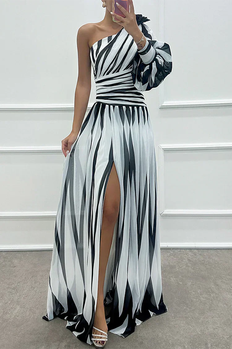 Women's Dress - Striped Maxi One Shoulder Slit Wedding Guest Dress from Clara & James Palm Beach