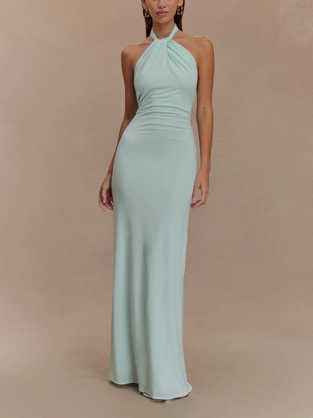 Women's Elegant Backless Halter Neck Maxi Dress with Ruched Wedding Guest Dress from Clara & James Palm Beach