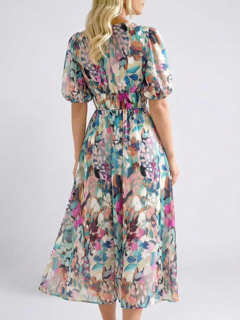 Women's V-Neck Short Sleeve Waist Midi Dress