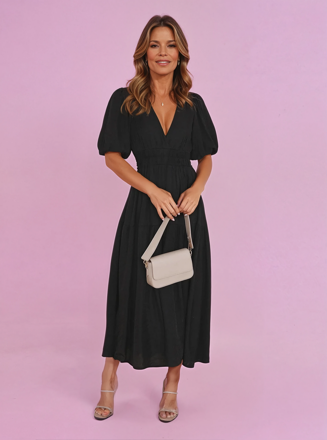 Women's Cocktail Midi Dress - Smocked V-Neck Cocktail & Formal Dress from Clara & James Palm Beach