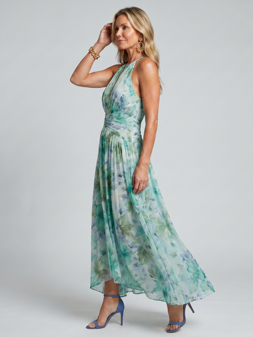 Women's Portia Pleated Halter Soft Floral Pattern Midi Dress