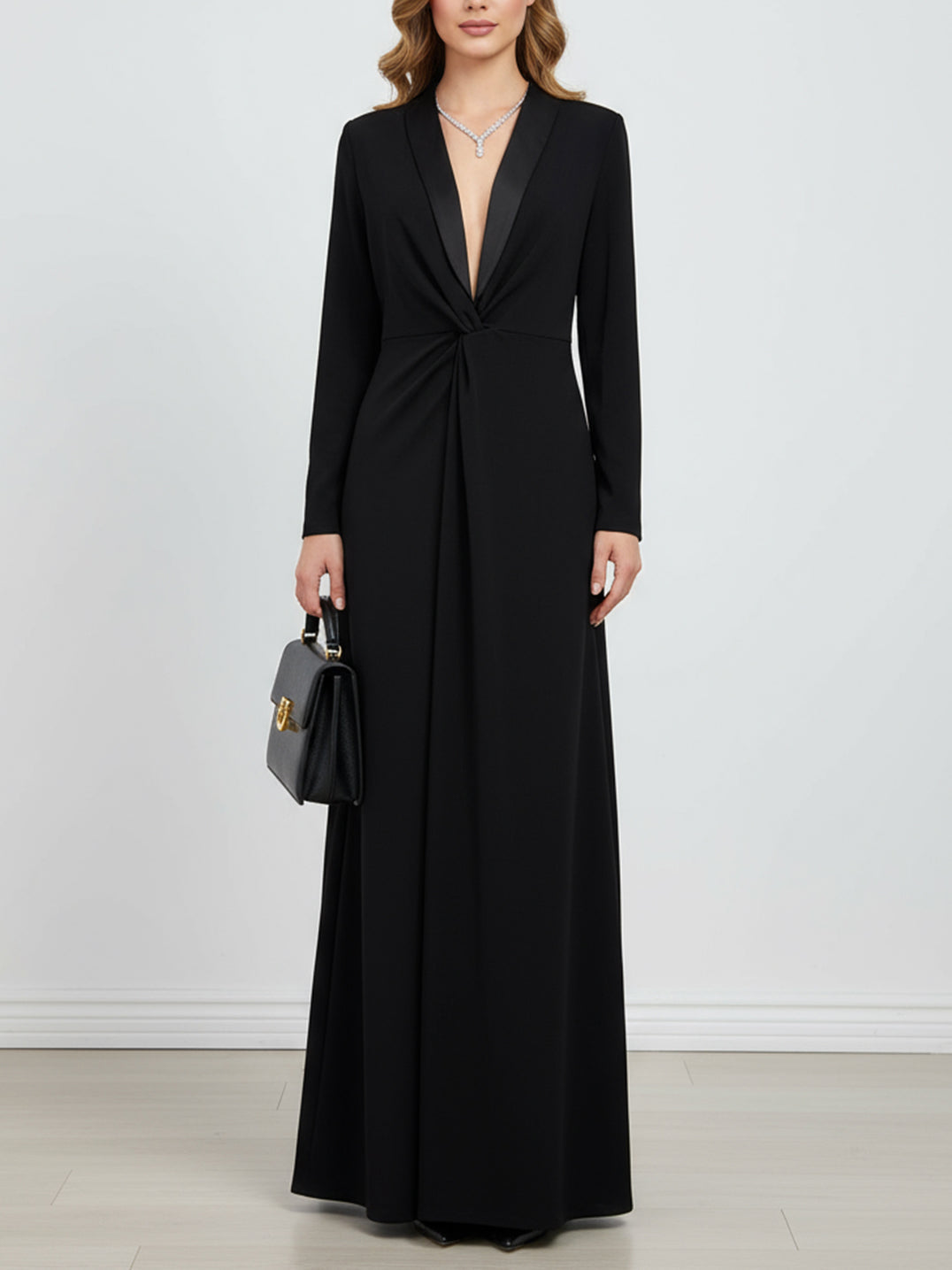 Women's Elegant Black Deep V-Neck Long Sleeve Wedding Guest Wedding Guest Dress from Clara & James Palm Beach