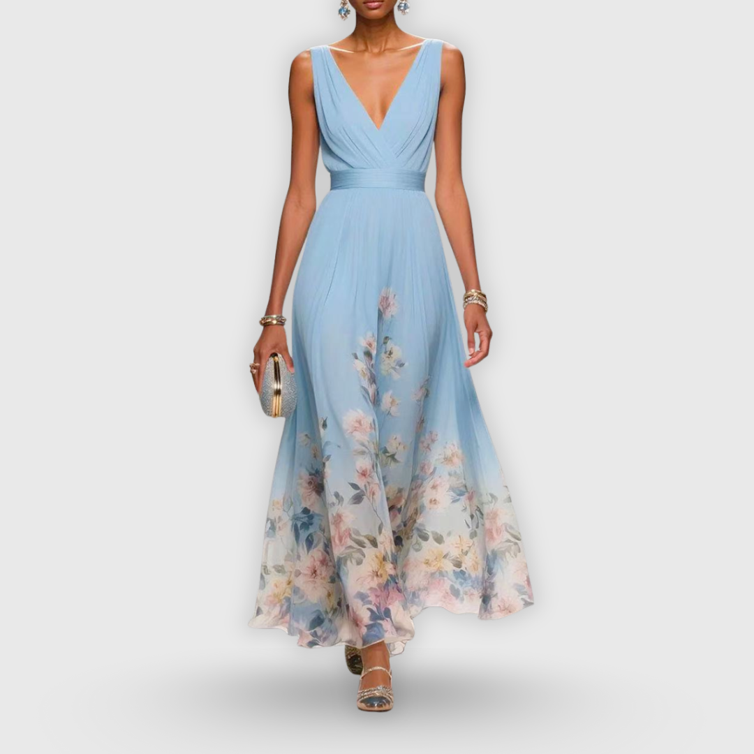 Women's Wedding Guest Maxi Dress - V-Neck Sleeveless Floral Wedding Guest Dress from Clara & James Palm Beach