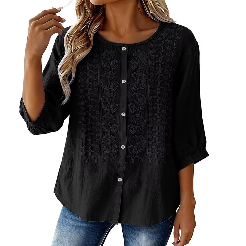 Women's Embroidered Cotton and Linen Blouse