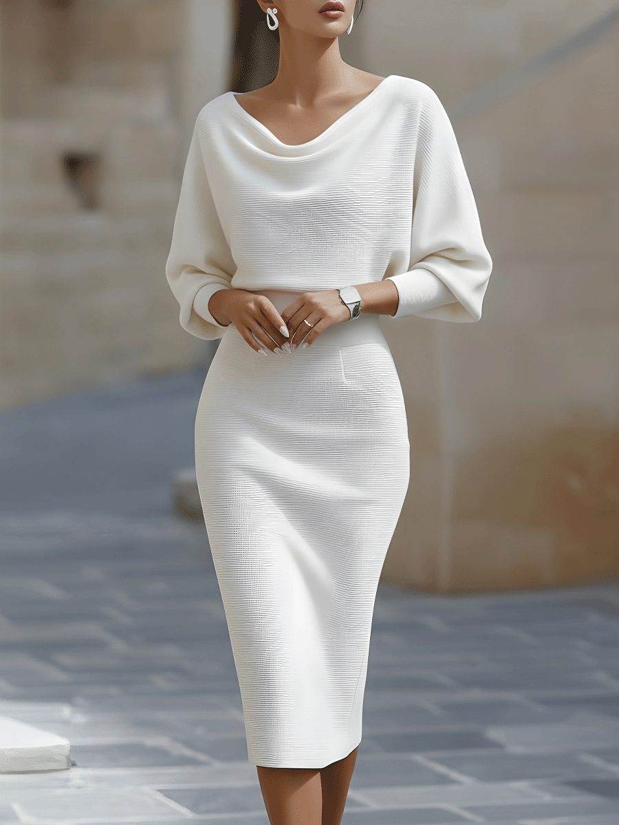 Women's Elegant Ribbed Knit Cowl Neck Midi Dress with Batwing Cocktail & Formal Dress from Clara & James Palm Beach