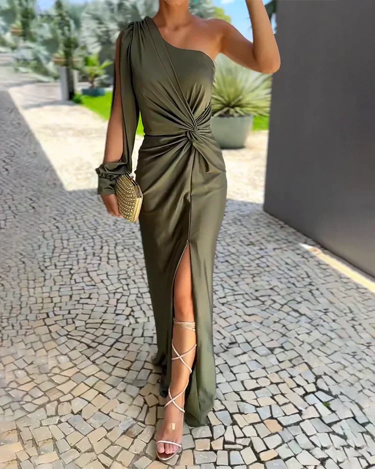 Women's Elegant One-Shoulder Maxi Dress with Pleated Detail Wedding Guest Dress from Clara & James Palm Beach