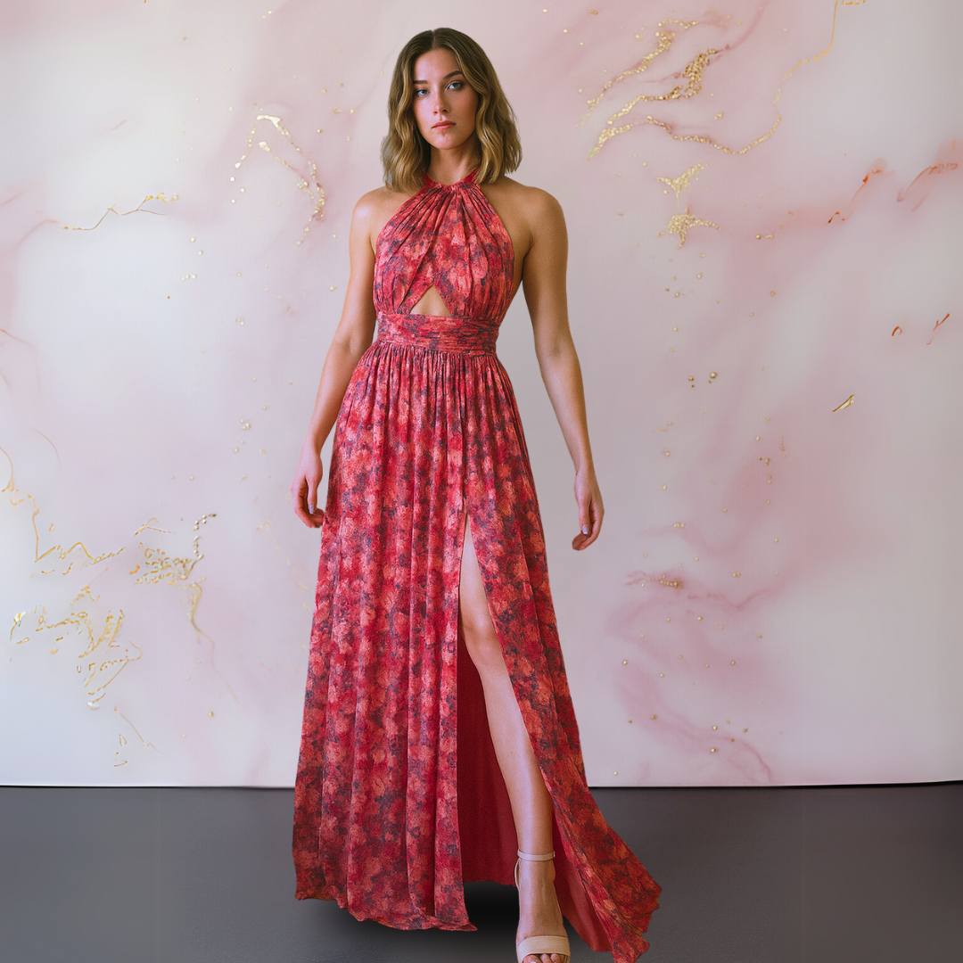 Women's Dress - Halter Neck Front Slit Maxi Wedding Guest Dress from Clara & James Palm Beach