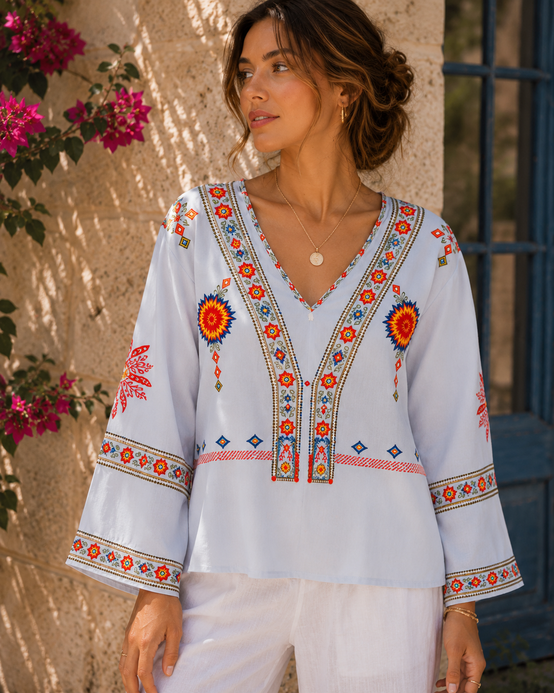 Women's Bohemian Embroidered Summer Blouse with V-Neck Summer Dress from Clara & James Palm Beach