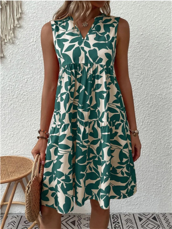 Women's Dress - Leaf Print Sleeveless V-Neck Mini Wedding Guest Dress from Clara & James Palm Beach