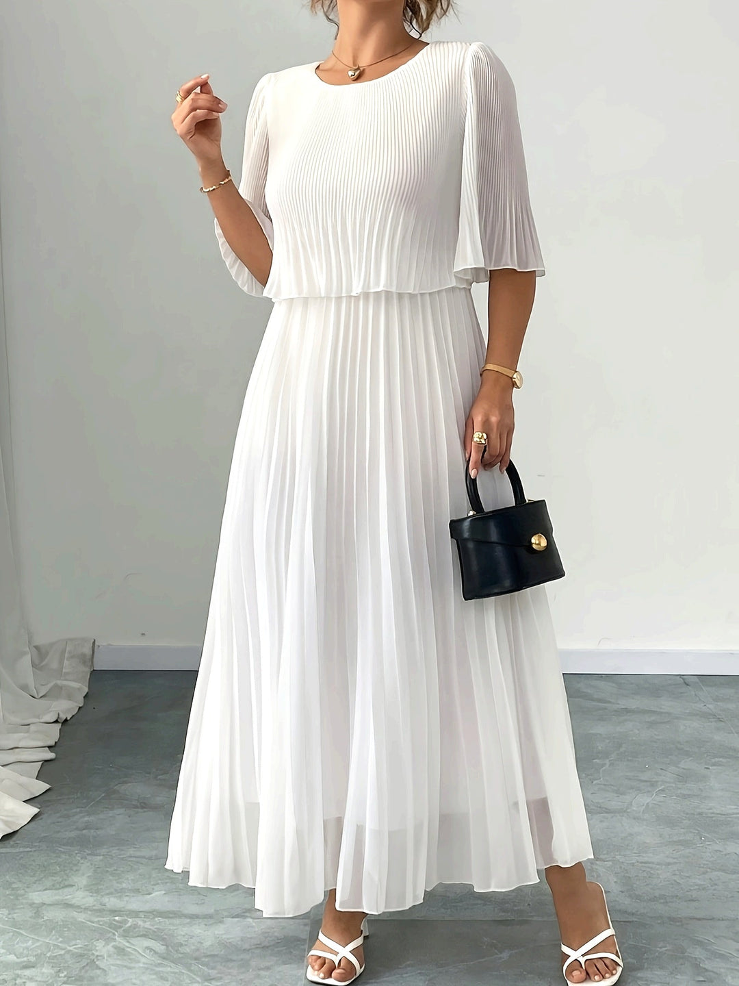 Women's Wedding Guest Maxi Dress - White Pleated A-Line Wedding Guest Dress from Clara & James Palm Beach