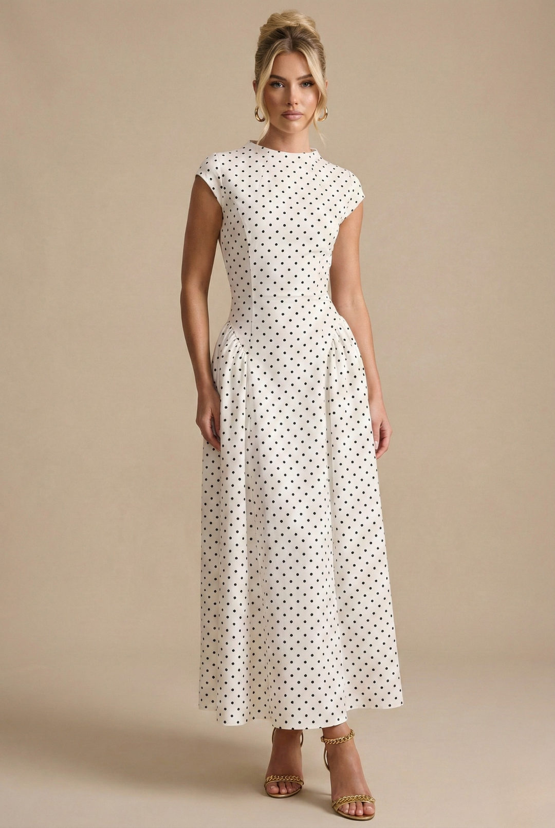 Women's Elegant Polka Dot Maxi Dress with Pleated Skirt Wedding Guest Dress from Clara & James Palm Beach