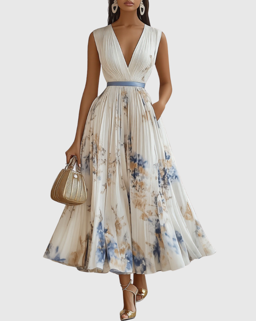Women's Wedding Guest Maxi Dress - Pleated V-Neck Wedding Guest Dress from Clara & James Palm Beach