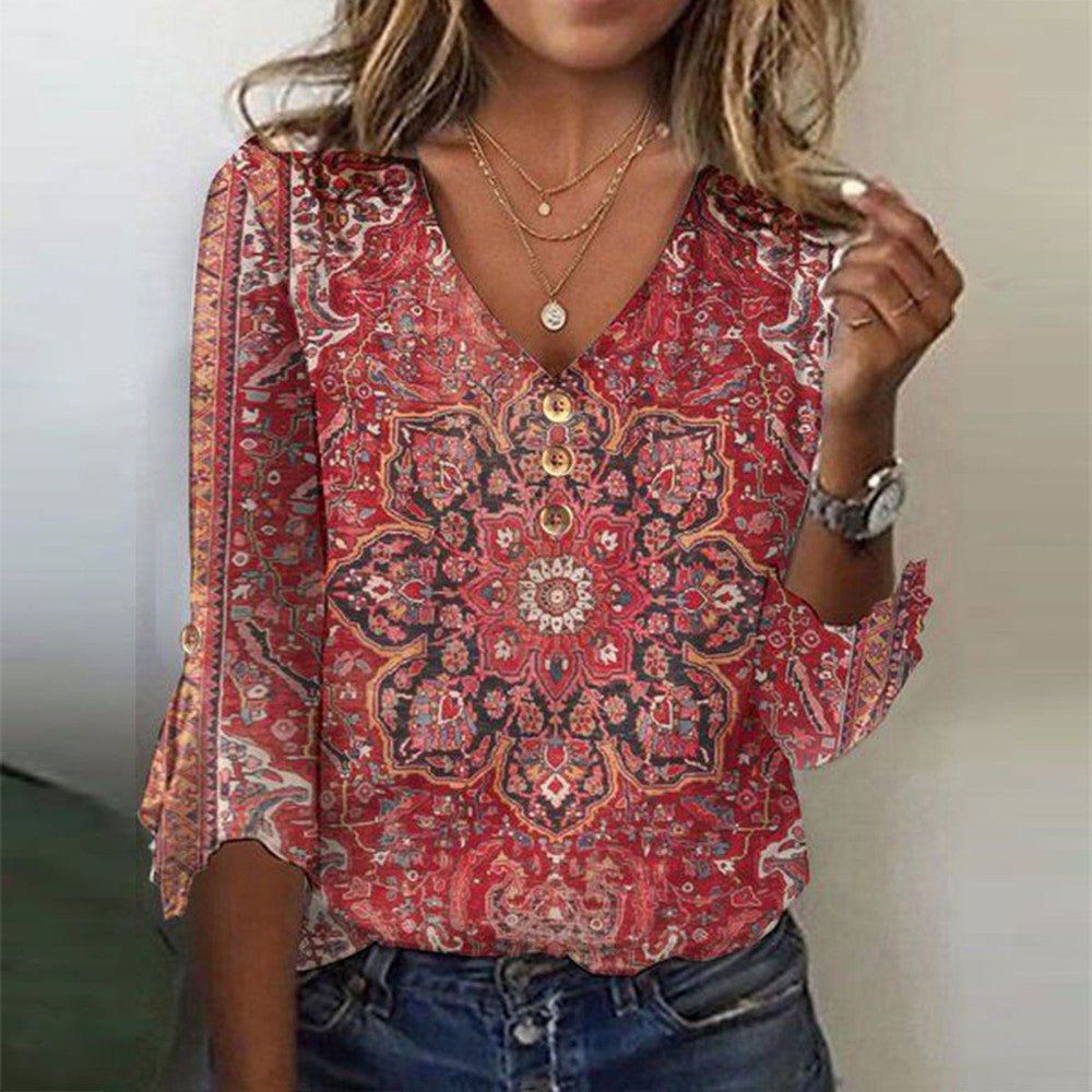 Women's Bohemian Print Summer Blouse with Flowing Fit Summer Dress from Clara & James Palm Beach