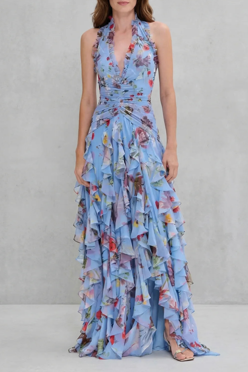 Women's Romantic Cascading Rose Long Dress with American Neckline