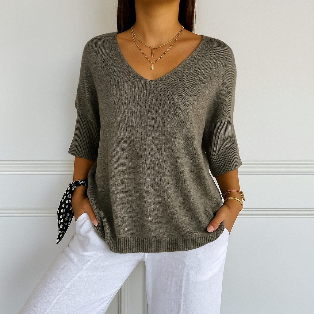 Women's Relaxed V-Neck Sweater with Minimalist Design Everyday Top & Bottom from Clara & James Palm Beach