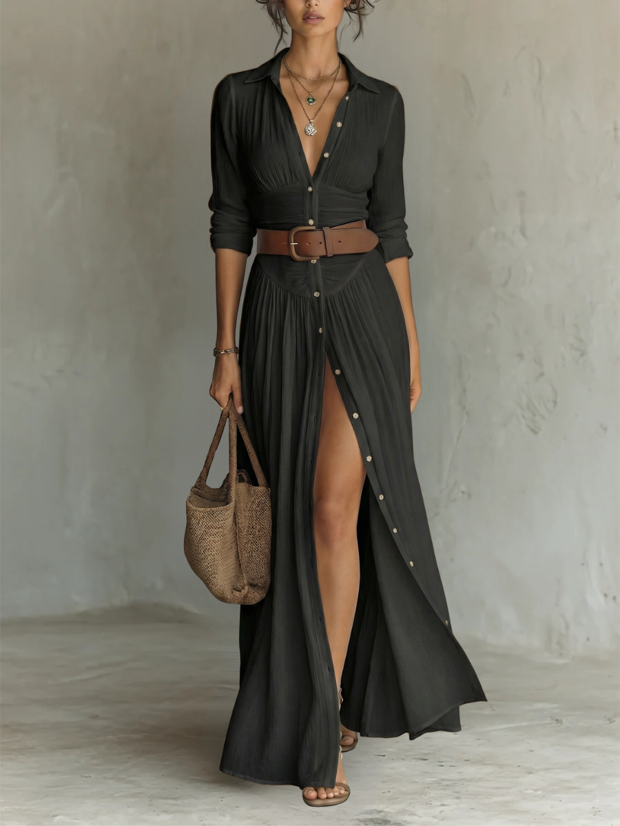 Women's Long Maxi Dress With Notched Collar