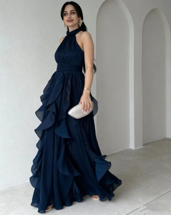 Women's Orea High Neck Gathered Ruffle Layers Maxi Dress