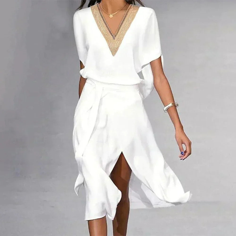 Women's Timeless Midi Wedding Guest Dress with V-Neck Wedding Guest Dress from Clara & James Palm Beach