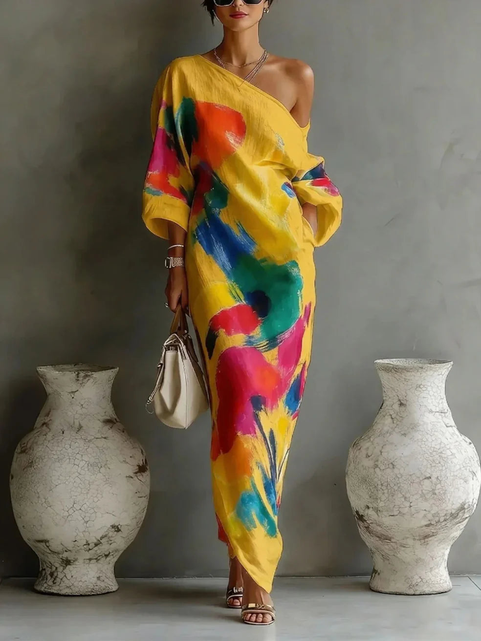 Women's One-Shoulder Abstract Print Maxi Dress