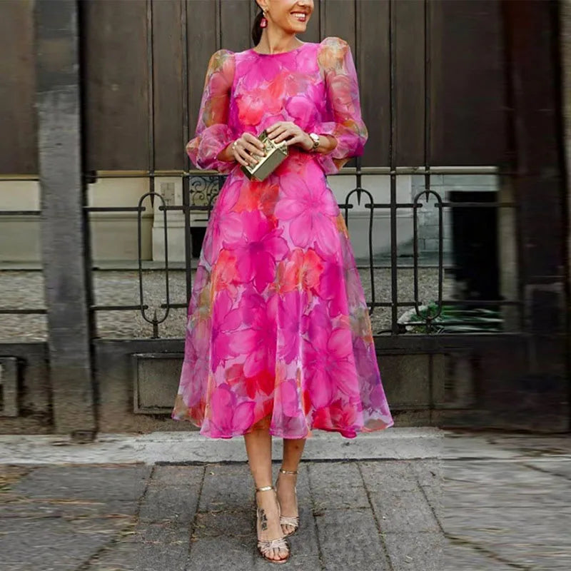 Women's Wedding Guest Midi Dress - Long Sleeve Floral Wedding Guest Dress from Clara & James Palm Beach
