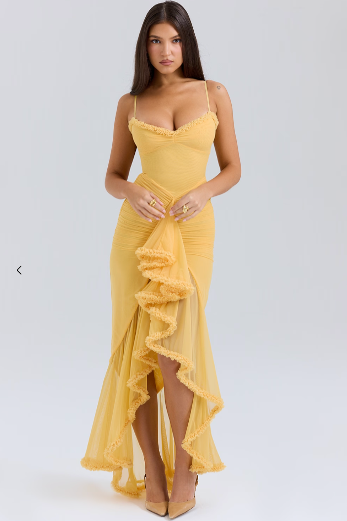 Women's Elegant Ruched Maxi Dress with Asymmetrical Ruffle Hem Wedding Guest Dress from Clara & James Palm Beach