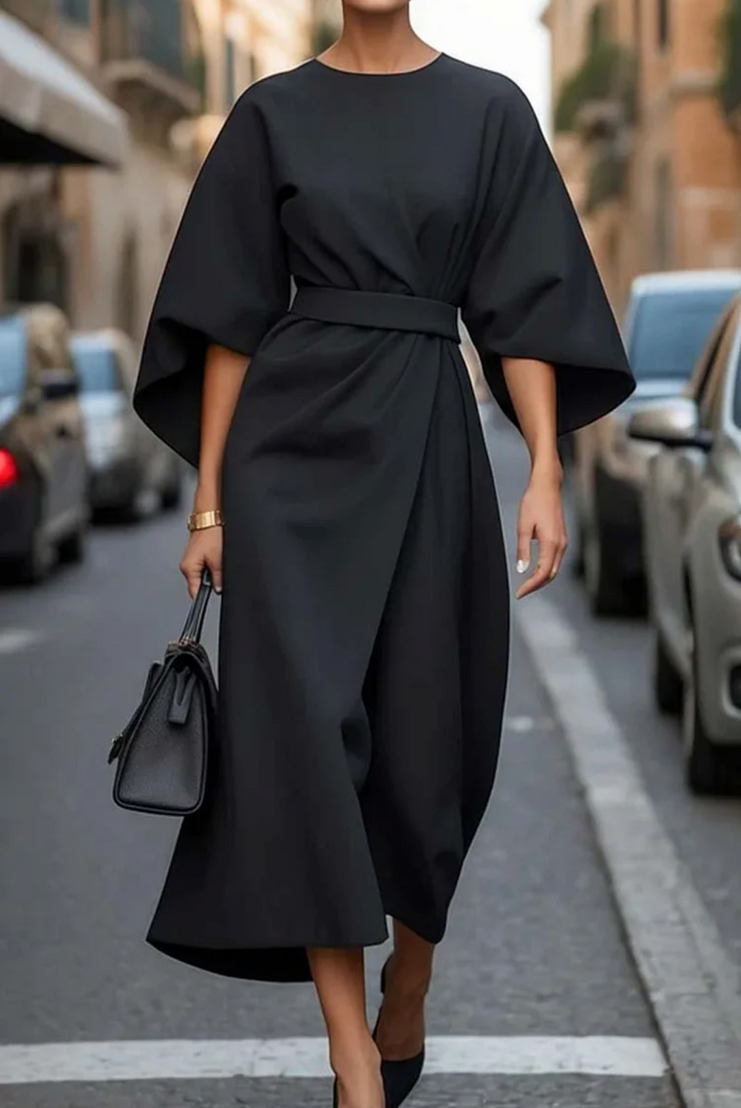 Women's Dress - Wide Sleeve Belted Round Neck Midi Summer Dress from Clara & James Palm Beach