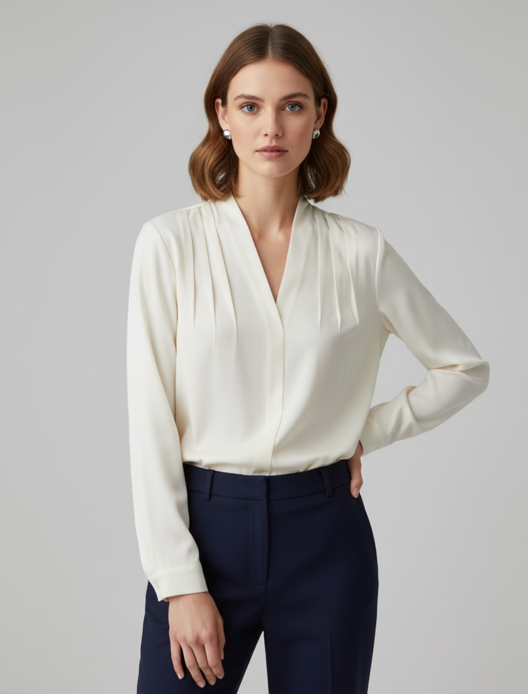 Women's Elegant Puff Sleeve Blouse with Tailored Waist Everyday Top & Bottom from Clara & James Palm Beach