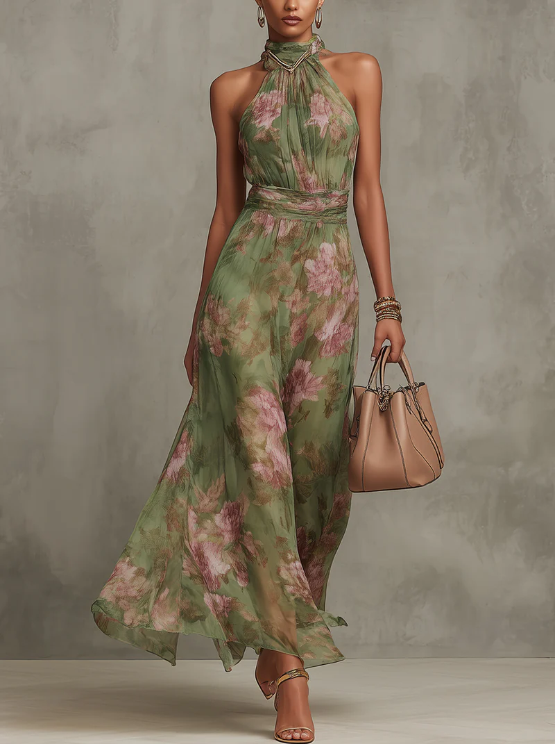 Women's Elegant Floral Maxi Dress with Halter Neck Wedding Guest Dress from Clara & James Palm Beach