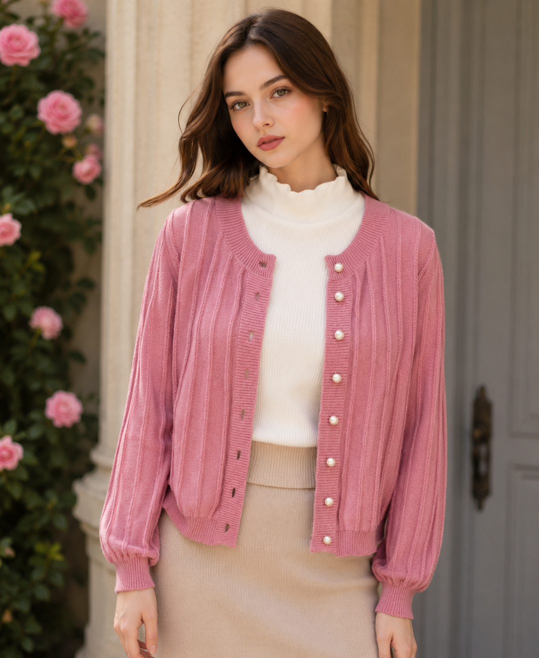 Women's Cozy Pink Knit Cardigan with Open Front Fall Dress & Knitwear from Clara & James Palm Beach