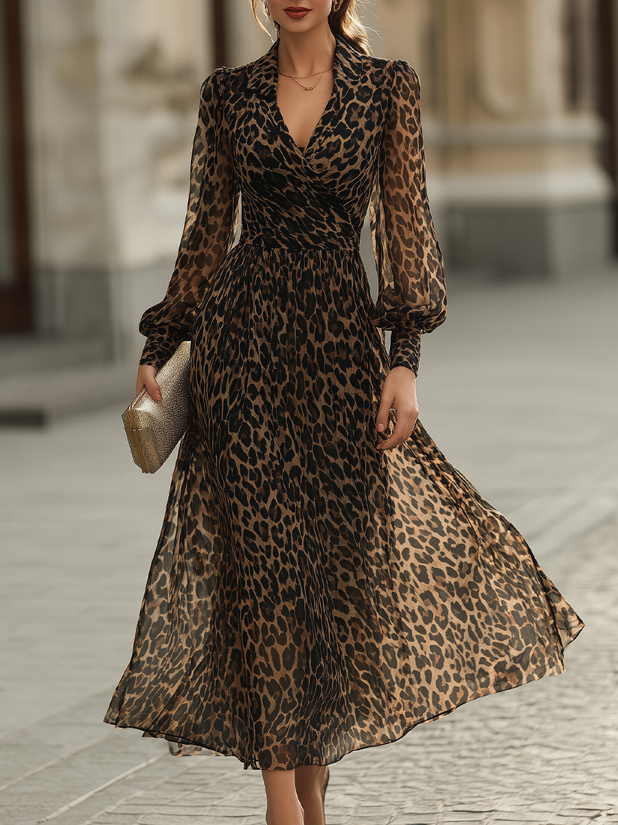 Women's Elegant Leopard Print Maxi Dress with Long Sleeves Cocktail & Formal Dress from Clara & James Palm Beach