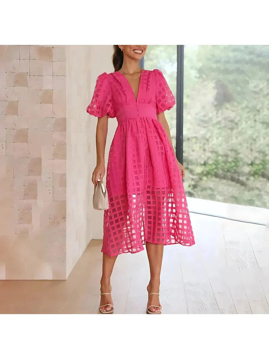 Women's Classic Patterned Puff Sleeve Midi Dress Wedding Guest Dress from Clara & James Palm Beach