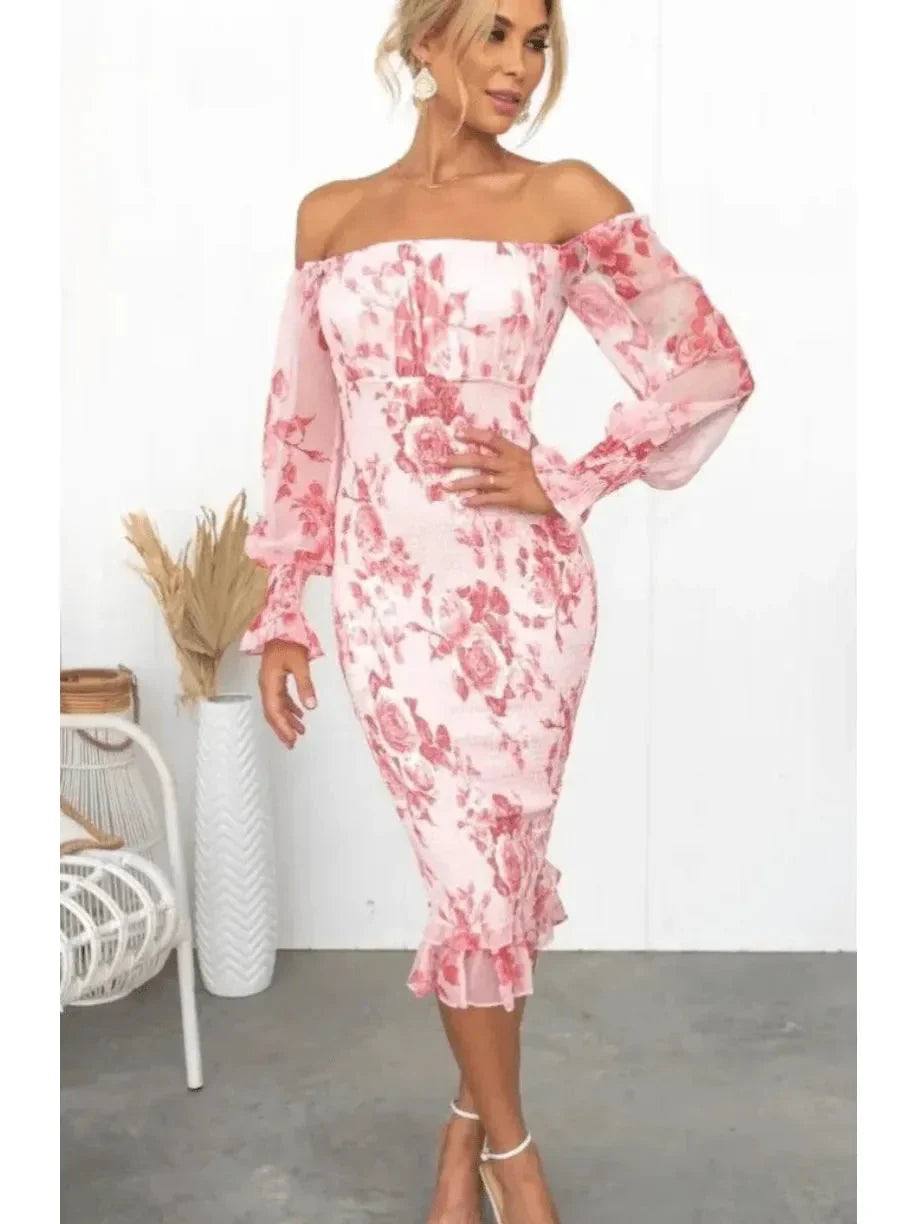 Women's Stunning Off Shoulder Midi Dress Wedding Guest Dress from Clara & James Palm Beach