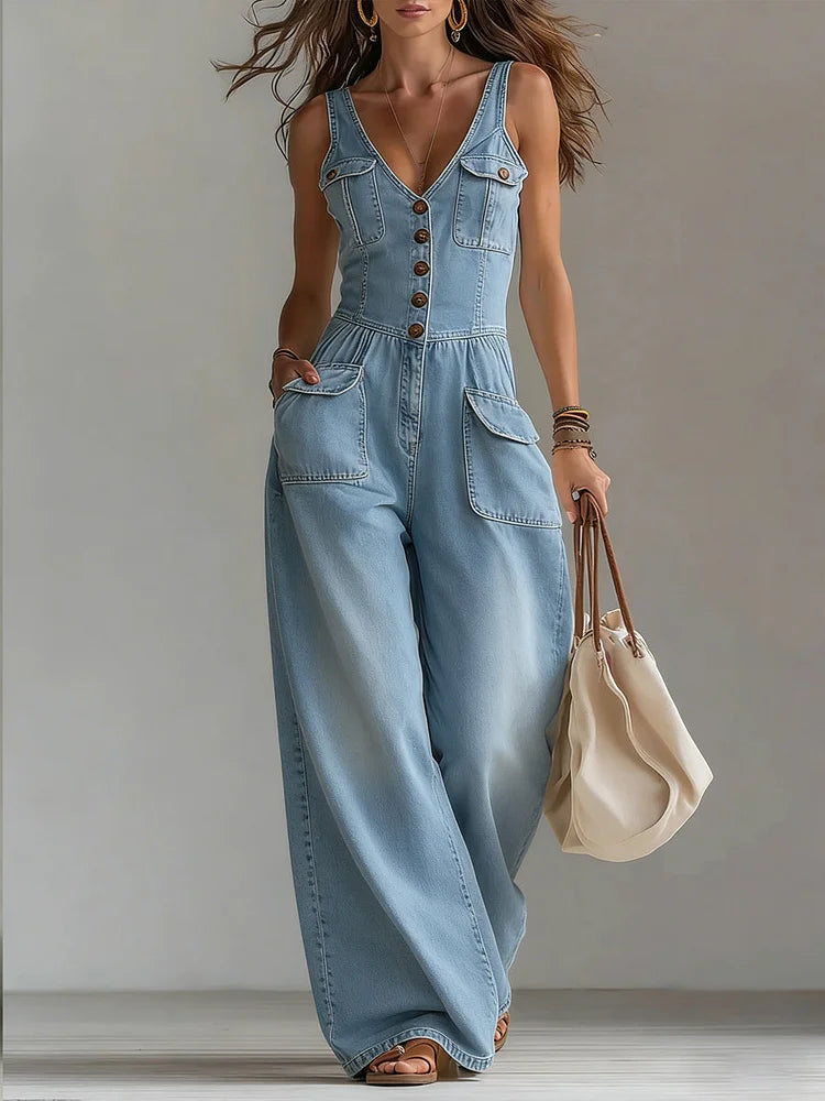 Women's Relaxed Wide-Leg Denim Jumpsuit