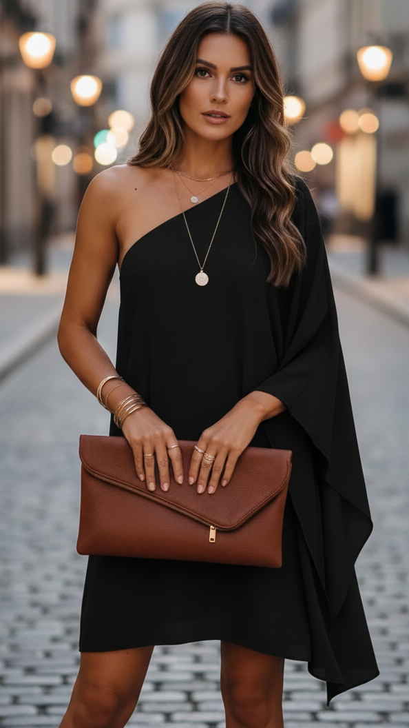 Women's One-Shoulder Draped Mini Dress Homecoming Dress from Clara & James Palm Beach