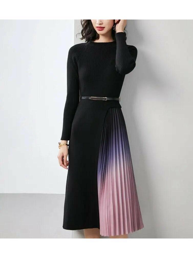 Women's Gradient Pleated Splicing Belted Knit Dress Fall Dress & Knitwear from Clara & James Palm Beach