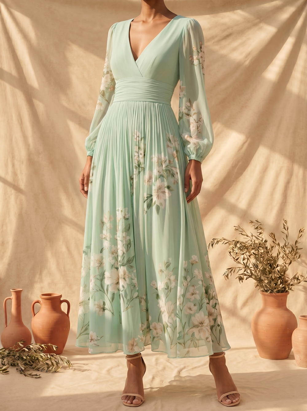 Women's Light Green Floral Midi Dress