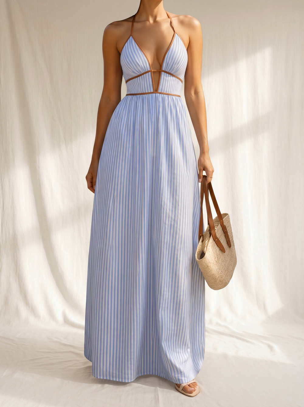 Women's Long Striped Dress with Cut-out Neckline