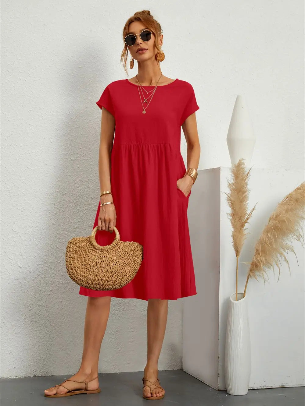 Women's Casual Dress - Short Sleeve Midi with Side Pockets Summer Dress from Clara & James Palm Beach