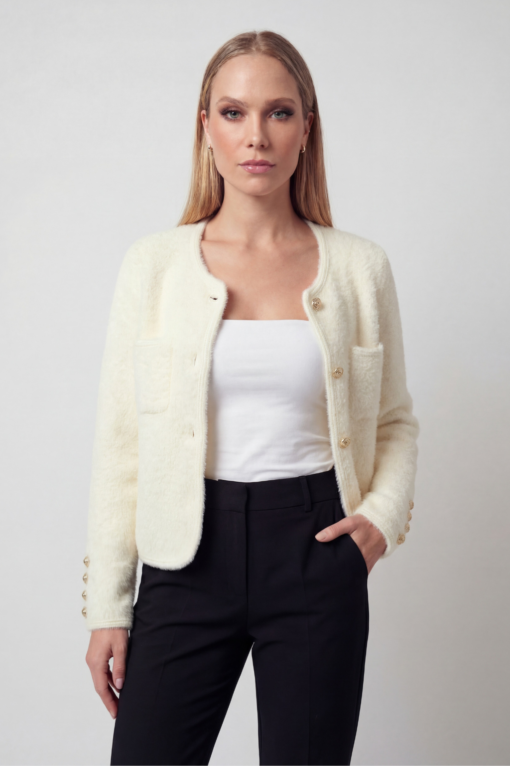 Women's Cozy White Cardigan Sweater with Ribbed Hem Fall Dress & Knitwear from Clara & James Palm Beach