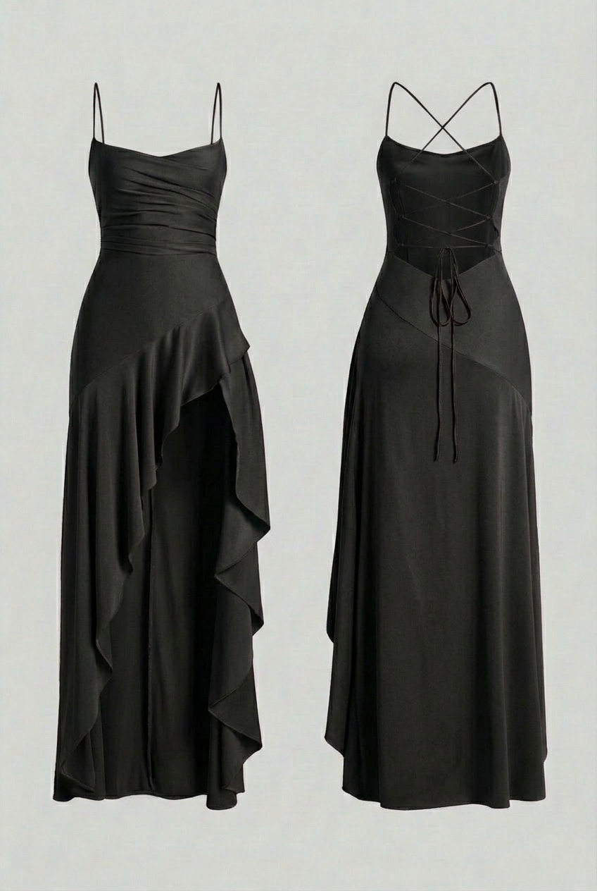 Women's Elegant Black Maxi Dress with Lace-Up Back Summer Dress from Clara & James Palm Beach