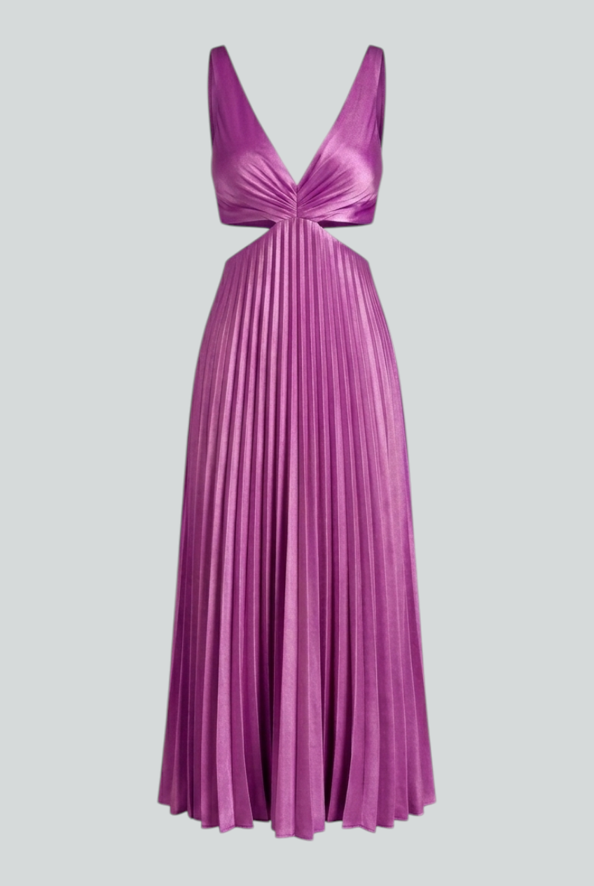 Women's Elegant Purple Pleated Wedding Guest Dress with Fluid Wedding Guest Dress from Clara & James Palm Beach