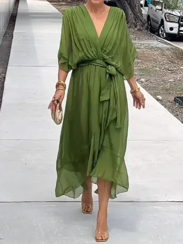 Women's Elegant Midi Wedding Guest Dress with Tie Waist Wedding Guest Dress from Clara & James Palm Beach