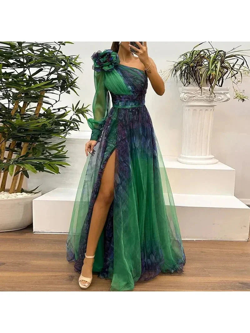 Women's Trendy One Shoulder Mesh Print Maxi Dress Wedding Guest Dress from Clara & James Palm Beach